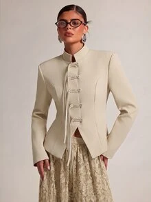 SHEIN BAE Women's Elegant Commute Solid Color Blazer - Apricot - View 6