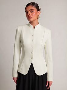 SHEIN BAE Women's Versatile Vintage Button Long Sleeve Blazer Jacket Business - Apricot - View 7