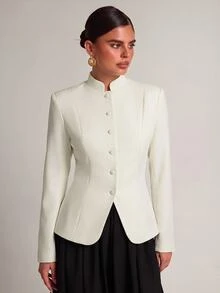 SHEIN BAE Women's Versatile Vintage Button Long Sleeve Blazer Jacket Business - Apricot - View 6