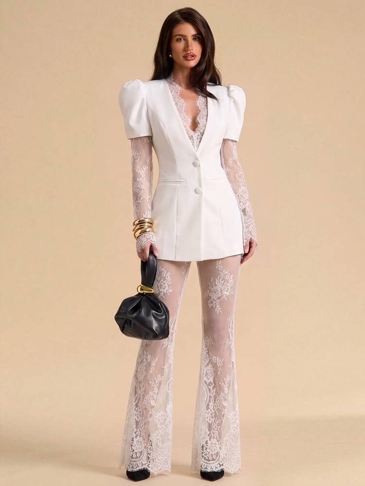 SHEIN BAE Women's Solid Black Woven & Contrast Lace Jacket & Lace Semi-Sheer Flare Pants Elegant Sexy 2 Pieces Set, Black 2 Pieces Set, Elegant 2 Pieces Set - White - View 1