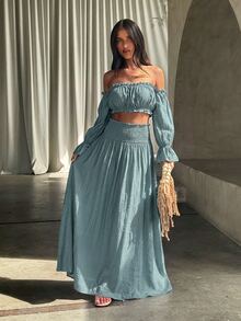 Opulessa Spring/Summer Vacation Solid Color Woven Off-Shoulder Top & Skirt Women's 2 Pieces Set - Green - View 5