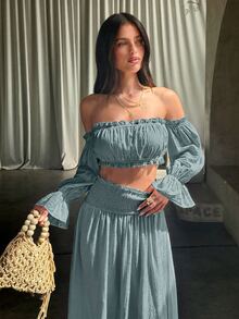 Opulessa Spring/Summer Vacation Solid Color Woven Off-Shoulder Top & Skirt Women's 2 Pieces Set - Green - View 6