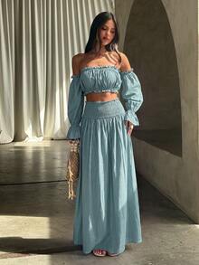 Opulessa Spring/Summer Vacation Solid Color Woven Off-Shoulder Top & Skirt Women's 2 Pieces Set - Green - View 4