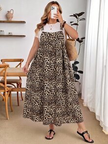 SHEIN CURVE+ 大尺碼寬鬆白色卡其細肩帶洋裝，適合蘋果型與豐滿身型，度假夏季休閒波希米亞風 - 彩色 - 查看 5