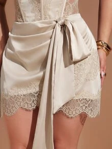 SHEIN BAE CURVE Plus Size Women's Black Lace Short Skirt Fall - Apricot - View 6