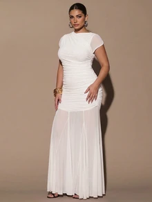 SHEIN BAE Plus Size Women Solid Color Pleated Elegant Waist-Cinched Party Dress - White - View 6