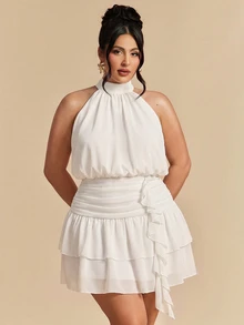 SHEIN BAE Plus Size Women Minimalist Sexy Pleated Ruffle Hem Halter Neck Dress - White - View 6