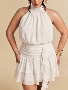 SHEIN BAE Plus Size Women Minimalist Sexy Pleated Ruffle Hem Halter Neck Dress - White - View 7