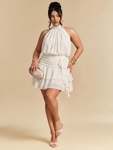 SHEIN BAE Plus Size Women Minimalist Sexy Pleated Ruffle Hem Halter Neck Dress - White - View 3