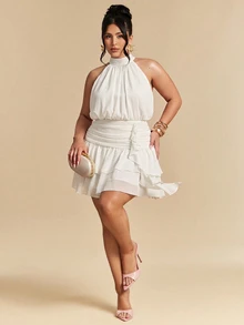 SHEIN BAE Plus Size Women Minimalist Sexy Pleated Ruffle Hem Halter Neck Dress - White - View 4