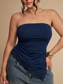 SHEIN BAE CURVE 大尺碼女款棕黑蕾絲細肩帶背心上衣，優雅不對稱細肩帶上衣 - 藏蓝色 - 查看 7