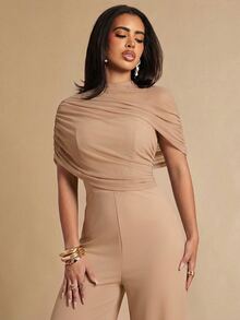 Silquee Jumpsuit Bisnis Wanita Elegan dengan Motif Jala dan Patchwork - Khaki - View 4