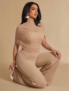 Silquee Jumpsuit Bisnis Wanita Elegan dengan Motif Jala dan Patchwork - Khaki - View 7