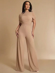 Silquee Jumpsuit Bisnis Wanita Elegan dengan Motif Jala dan Patchwork - Khaki - View 3