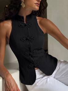 Opulessa Women's Solid Color Woven Cold Shoulder Fitted Tank Top For Vacation - Black - View 6