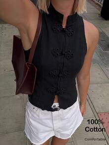 Opulessa Women's Solid Color Woven Cold Shoulder Fitted Tank Top For Vacation - Black - View 3