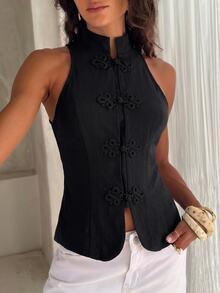 Opulessa Women's Solid Color Woven Cold Shoulder Fitted Tank Top For Vacation - Black - View 5