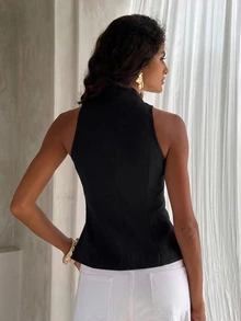 Opulessa Women's Solid Color Woven Cold Shoulder Fitted Tank Top For Vacation - Black - View 2