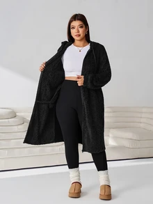 Solflare Plus Size Women Solid Color Hooded Casual Versatile Daily Travel Long Sleeve Jacket Winter - Black - View 8