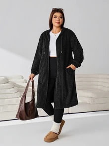 Solflare Plus Size Women Solid Color Hooded Casual Versatile Daily Travel Long Sleeve Jacket Winter - Black - View 4