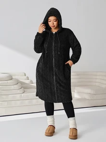 Solflare Plus Size Women Solid Color Hooded Casual Versatile Daily Travel Long Sleeve Jacket Winter - Black - View 6