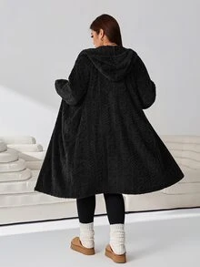 Solflare Plus Size Women Solid Color Hooded Casual Versatile Daily Travel Long Sleeve Jacket Winter - Black - View 3