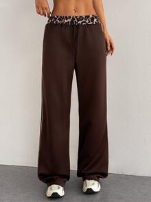 StreetHx Women's Patchwork Leopard Print Drawstring Waist Sports Casual Long Pants - Coffee Brown - View 3