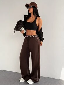 StreetHx Women's Patchwork Leopard Print Drawstring Waist Sports Casual Long Pants - Coffee Brown - View 5