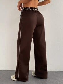 StreetHx Women's Patchwork Leopard Print Drawstring Waist Sports Casual Long Pants - Coffee Brown - View 2