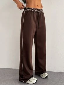 StreetHx Women's Patchwork Leopard Print Drawstring Waist Sports Casual Long Pants - Coffee Brown - View 4