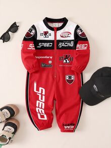 SHEIN Newborn Baby Street Style Colorblock Motorcycle Letter Print Pattern Autumn Romper - Red - View 4