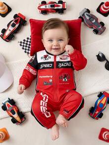 SHEIN Newborn Baby Street Style Colorblock Motorcycle Letter Print Pattern Autumn Romper - Red - View 1