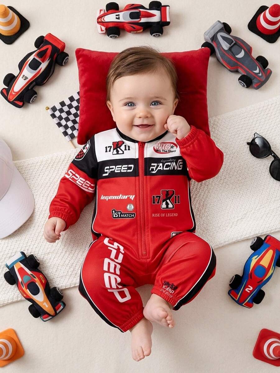 SHEIN Newborn Baby Street Style Colorblock Motorcycle Letter Print Pattern Autumn Romper - Red - View 1