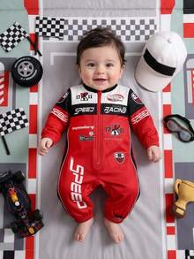 SHEIN Newborn Baby Street Style Colorblock Motorcycle Letter Print Pattern Autumn Romper - Red - View 3