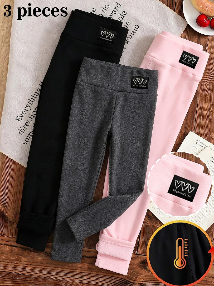Young Girls Leggings 3 Pieces, Autumn/Winter New Style, Thermal Lined, Heart Pattern Patch, Thickened High Elasticity Long Pants - Multicolor - View 1