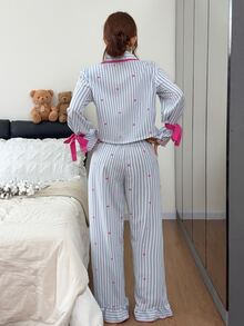Napfluff Blue And White Striped Heart Print Pajama Set, Sweet Tie Bow Cuffs Ruffle Hem Long Pants Loungewear 2 Pieces Set - Multicolor - View 2