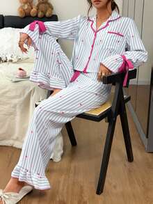 Napfluff Blue And White Striped Heart Print Pajama Set, Sweet Tie Bow Cuffs Ruffle Hem Long Pants Loungewear 2 Pieces Set - Multicolor - View 4
