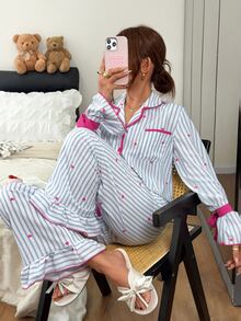 Napfluff Blue And White Striped Heart Print Pajama Set, Sweet Tie Bow Cuffs Ruffle Hem Long Pants Loungewear 2 Pieces Set - Multicolor - View 5