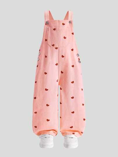 SHEIN Young Girl Denim Blue Summer Jeans, New Heart Print Fashion Casual Comfortable Soft Denim Jumpsuit Autumn Fall