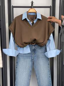 Resyla Women's Colorblock Patchwork 2 In 1 Top - Brown - View 1
