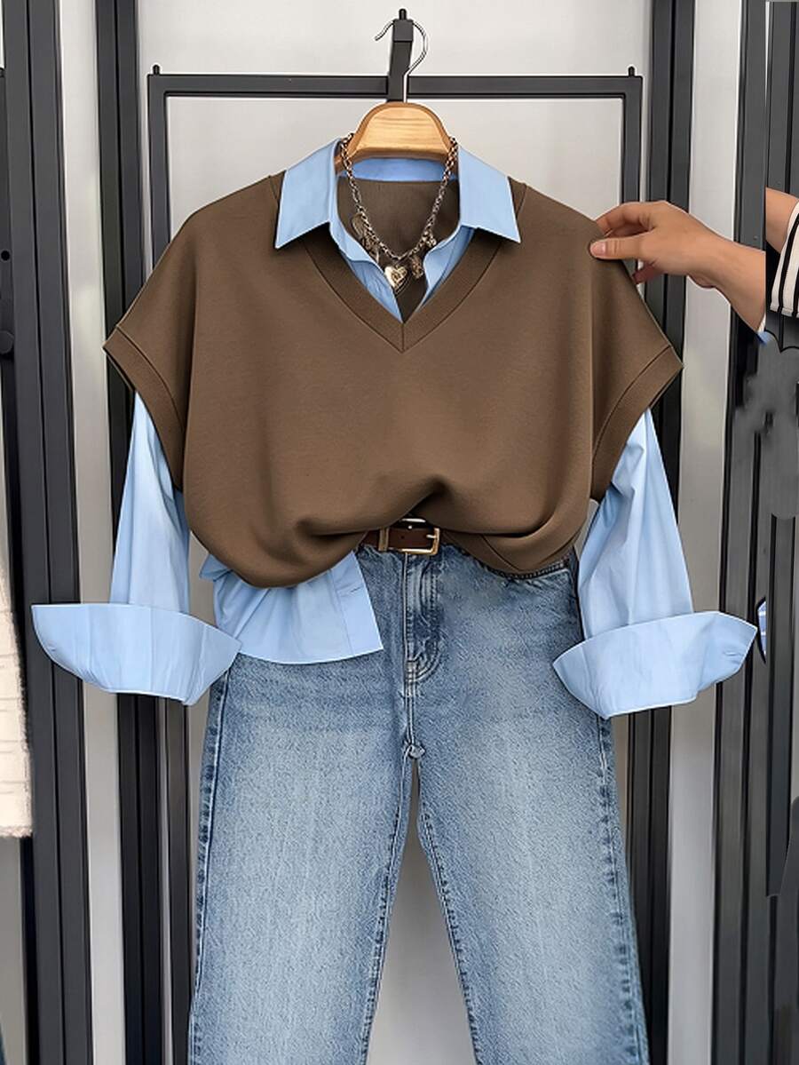 Resyla Women's Colorblock Patchwork 2 In 1 Top - Brown - View 1