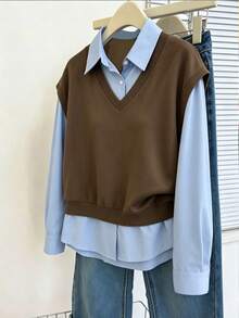 Resyla Women's Colorblock Patchwork 2 In 1 Top - Brown - View 3