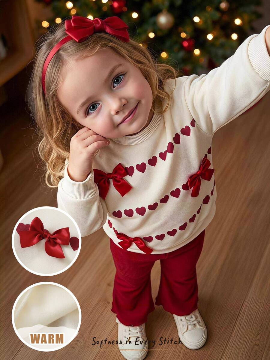 Cozy Pixies Baby Girl Bow & Heart Pattern Red Knit Soft Crew Neck Long Sleeve Pullover Sweatshirt & Elastic Waist Flare Leg Autumn Winter Pants 2 Pieces Set - Red - View 1