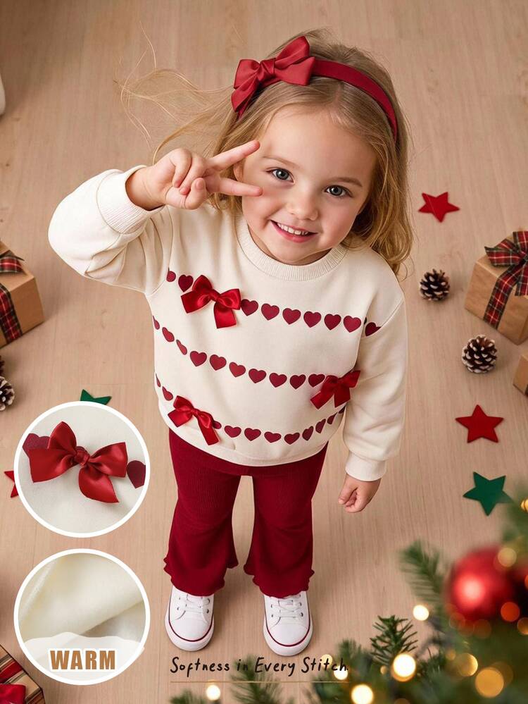 Cozy Pixies Baby Girl Bow & Heart Pattern Red Knit Soft Crew Neck Long Sleeve Pullover Sweatshirt & Elastic Waist Flare Leg Autumn Winter Pants 2 Pieces Set - Red - View 1