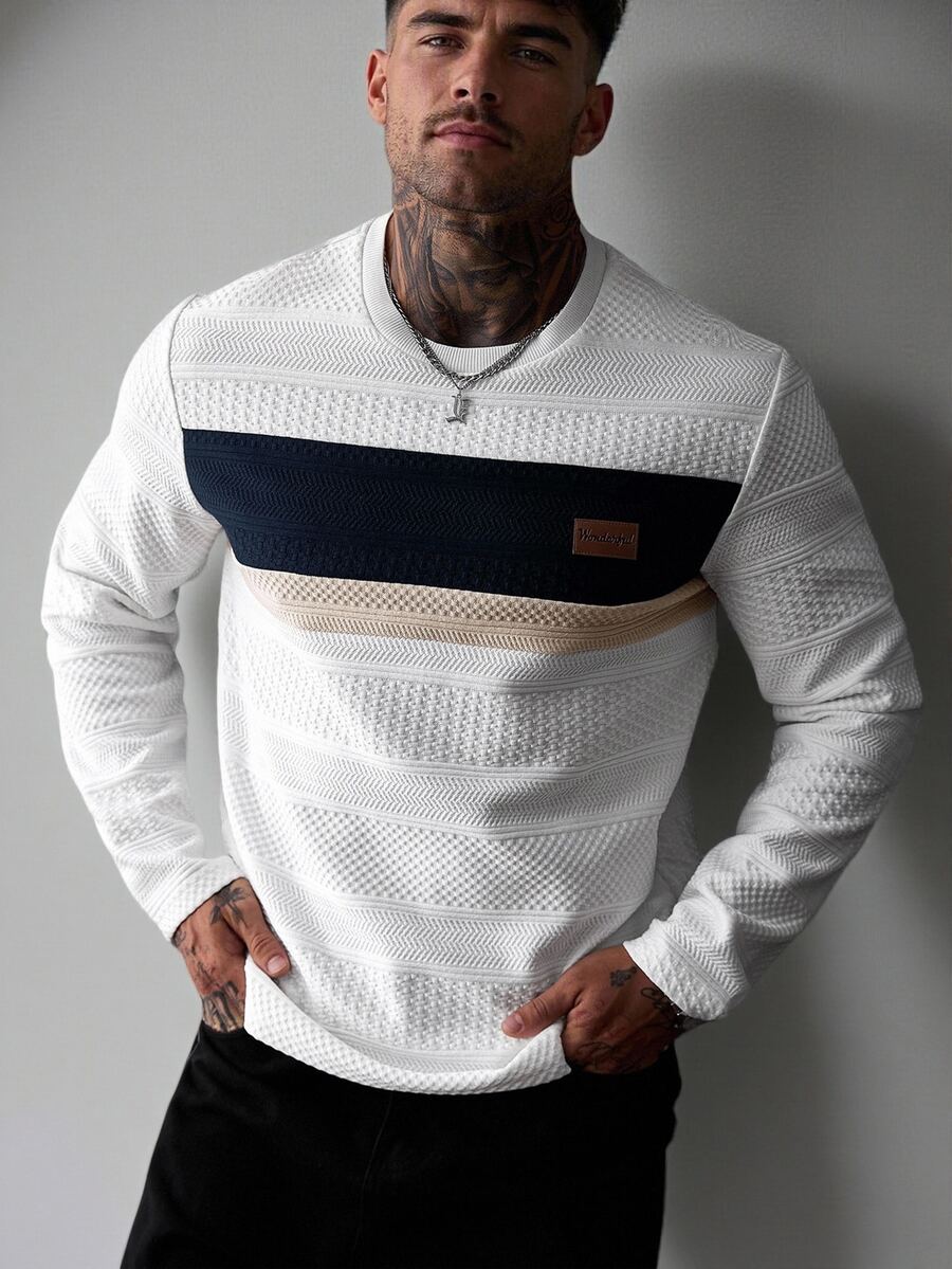 EGENSIO Men's Autumn Casual Colorblock Patchwork Long Sleeve T-Shirt - White - View 1