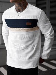EGENSIO Men's Autumn Casual Colorblock Patchwork Long Sleeve T-Shirt - White - View 3