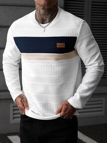 EGENSIO Men's Autumn Casual Colorblock Patchwork Long Sleeve T-Shirt - White - View 6