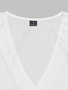 SHEIN LUNE 女士休闲日常通勤简约纯色V领卷边下摆短袖白色上衣 - 白色 - 查看 6