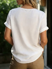 SHEIN LUNE 女士休闲日常通勤简约纯色V领卷边下摆短袖白色上衣 - 白色 - 查看 2