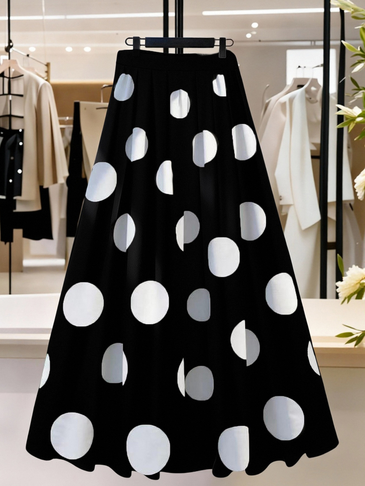 GlowEve CURVE Plus Size Women's Best-Selling Classic Black & White Large Polka Dot Print A-Line Skirt, Simple Cut A-Line Design, Comfortable Versatile Fit, Suitable For Daily Commute, Outings, Dates, Gatherings, Vacation - Multicolor - View 5